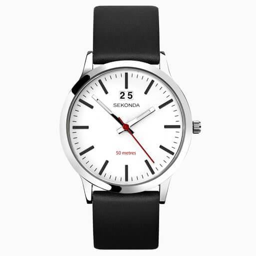 Silver Case with White Dial & Black Leather Strap Men's Nordic Watch