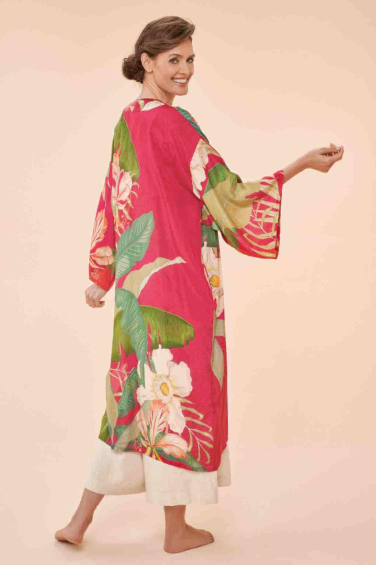Delicate Tropical Kimono Gown - Dark Rose