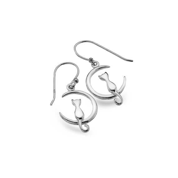 Origins Cat On Moon Silver Drop Earrings