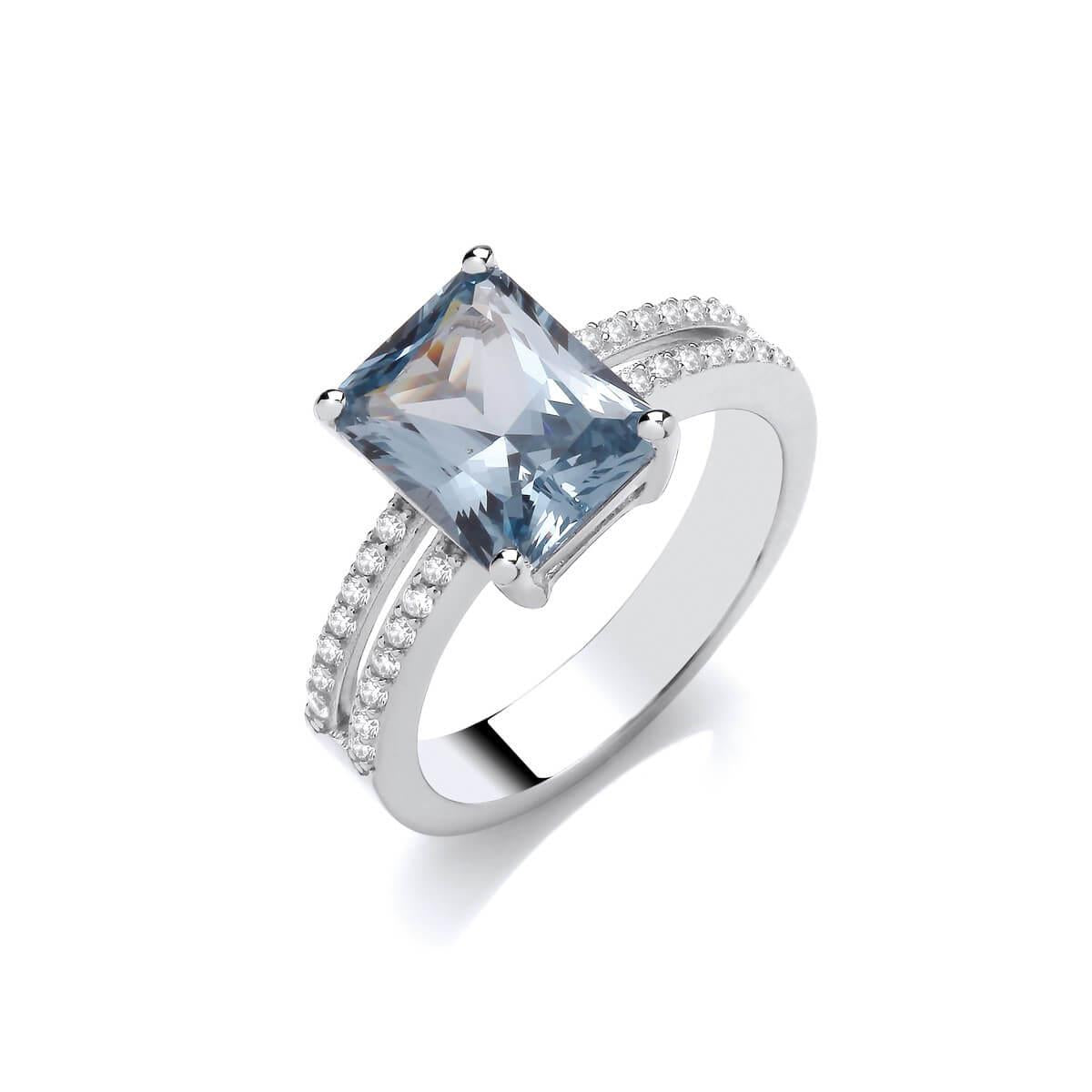 Silver & Aqua Cubic Zirconia Solitaire & Double Row Ring- 7/N