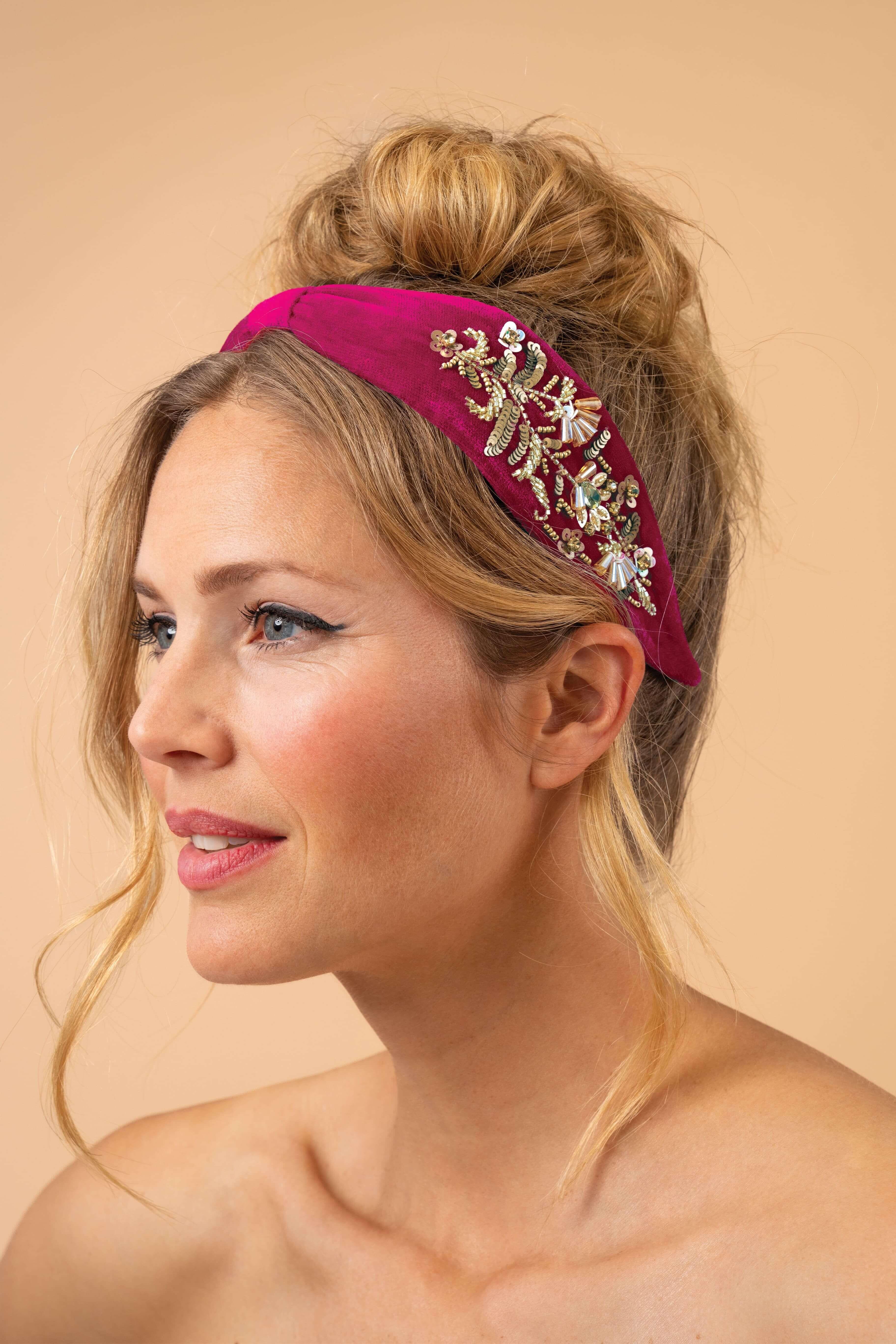 Embellished Velvet Headband - Golden Wildflowers - Fuchsia