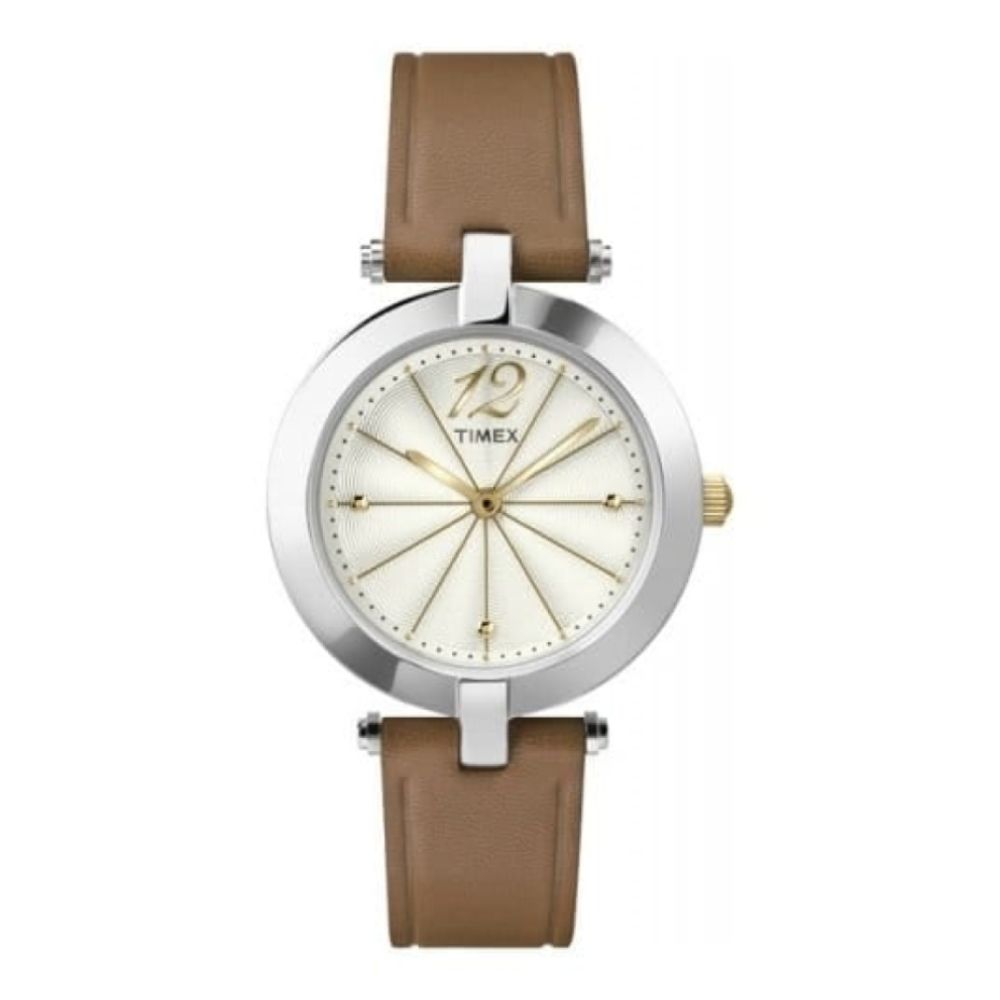 Ladies Silver Tone Wristwatch With Brown Leather and Ivory Dial