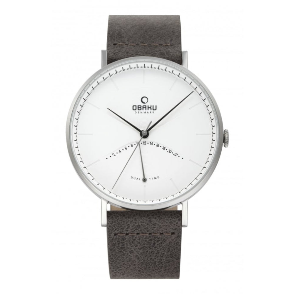 ELM - CLAY Stainless Steel White Dial & Grey Leather Strap Dual Time Gents Watch