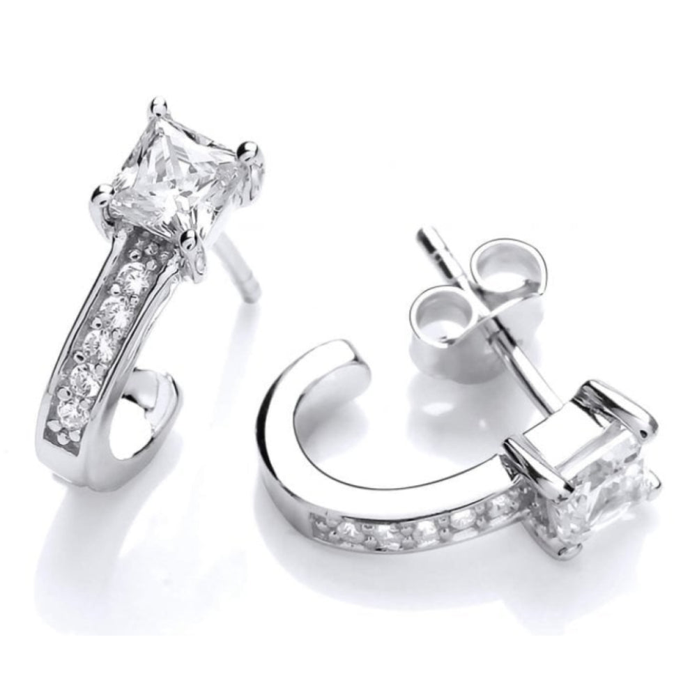 Silver Half Hoop CZ Earrings