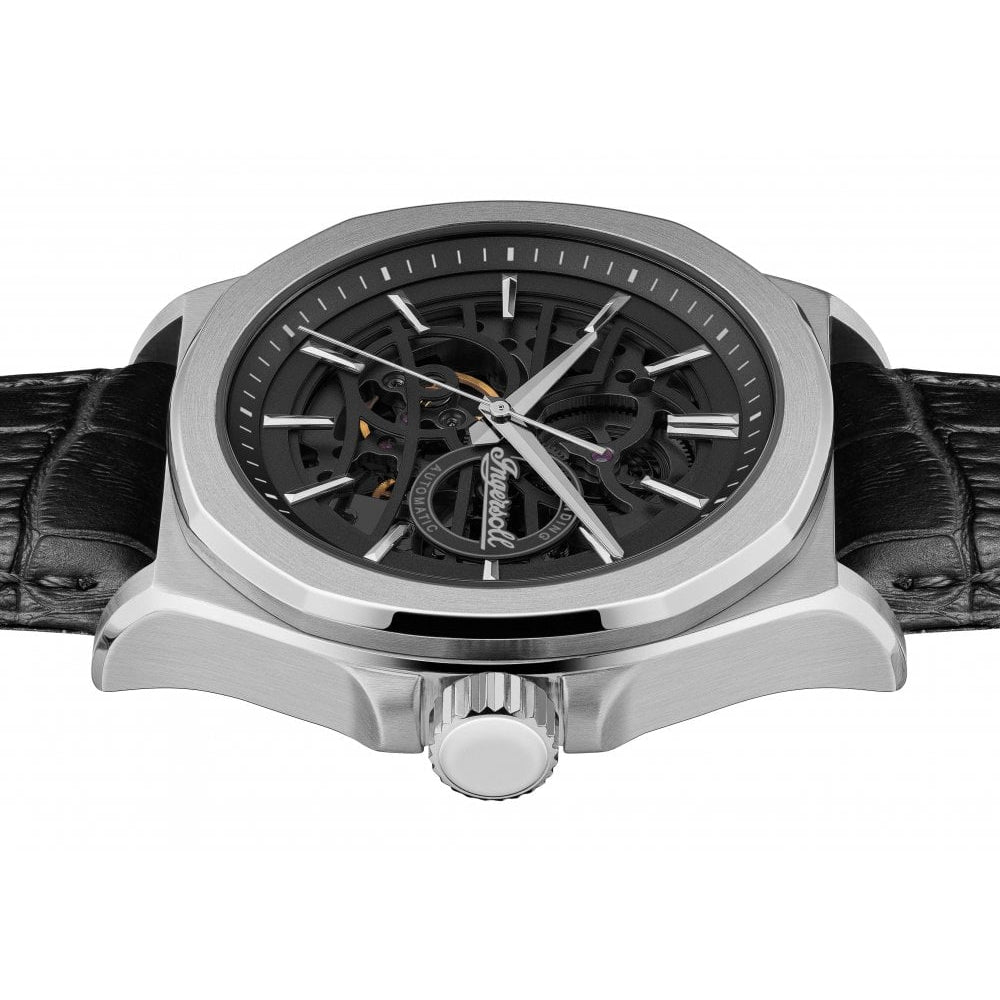 Mens The Orville Automatic Watch with Black Skeleton Dial and Black Leather Strap