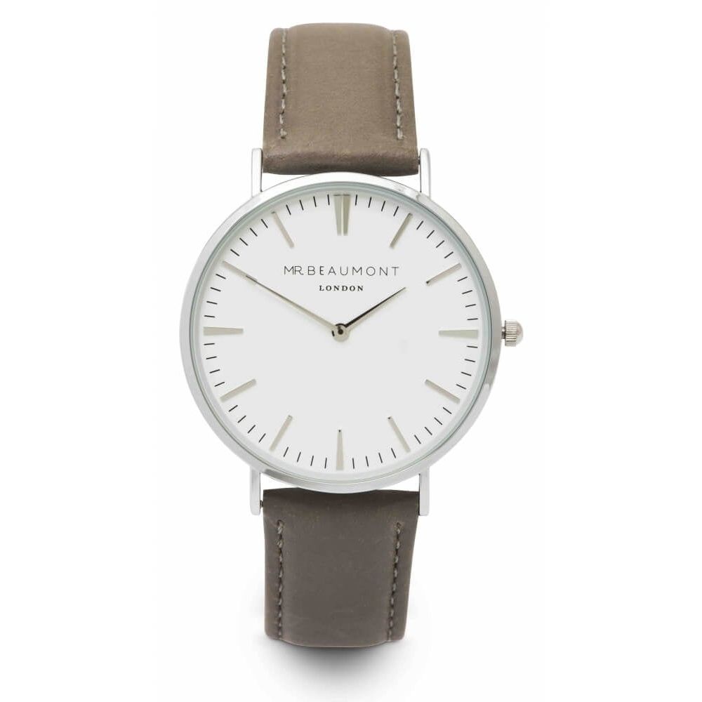Mr Beaumont Silver Tone White Dial With Grey Leather Strap Gents Watch