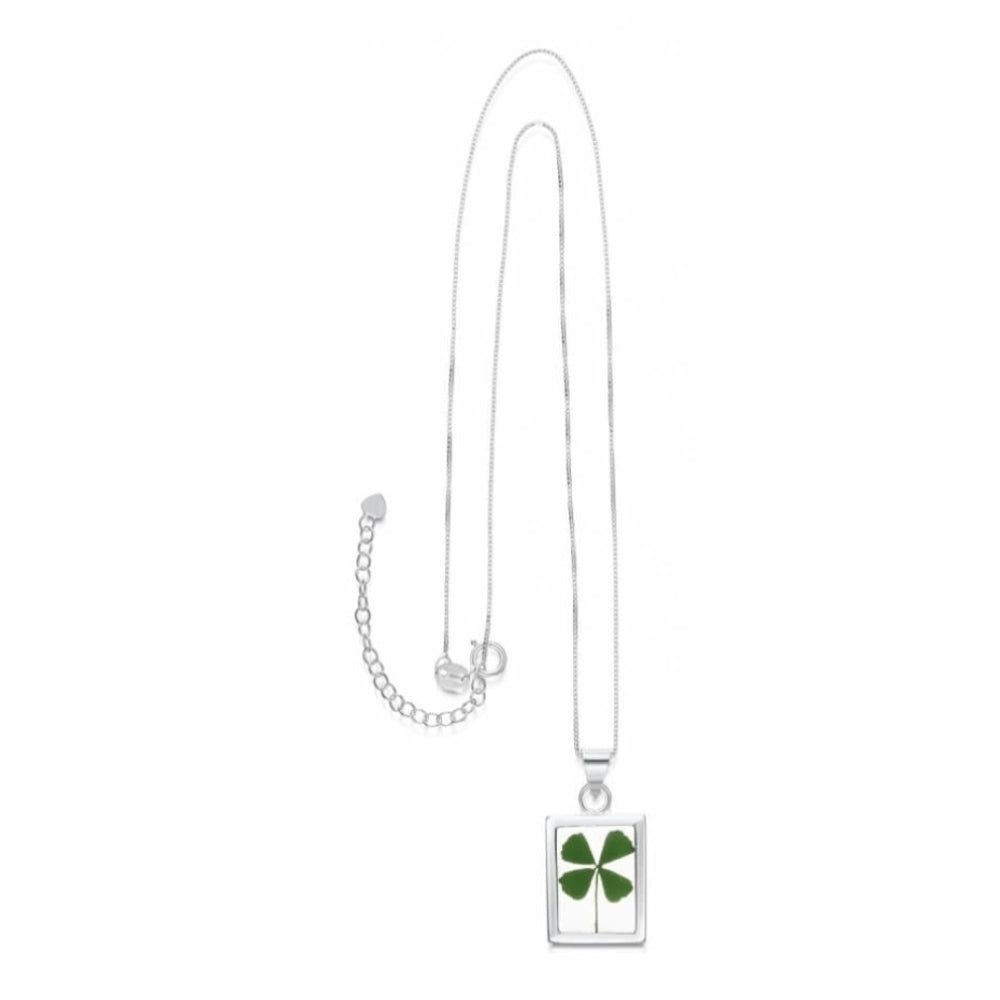 Silver Pendant - Four Leaf Clover - Chunky Rectangle