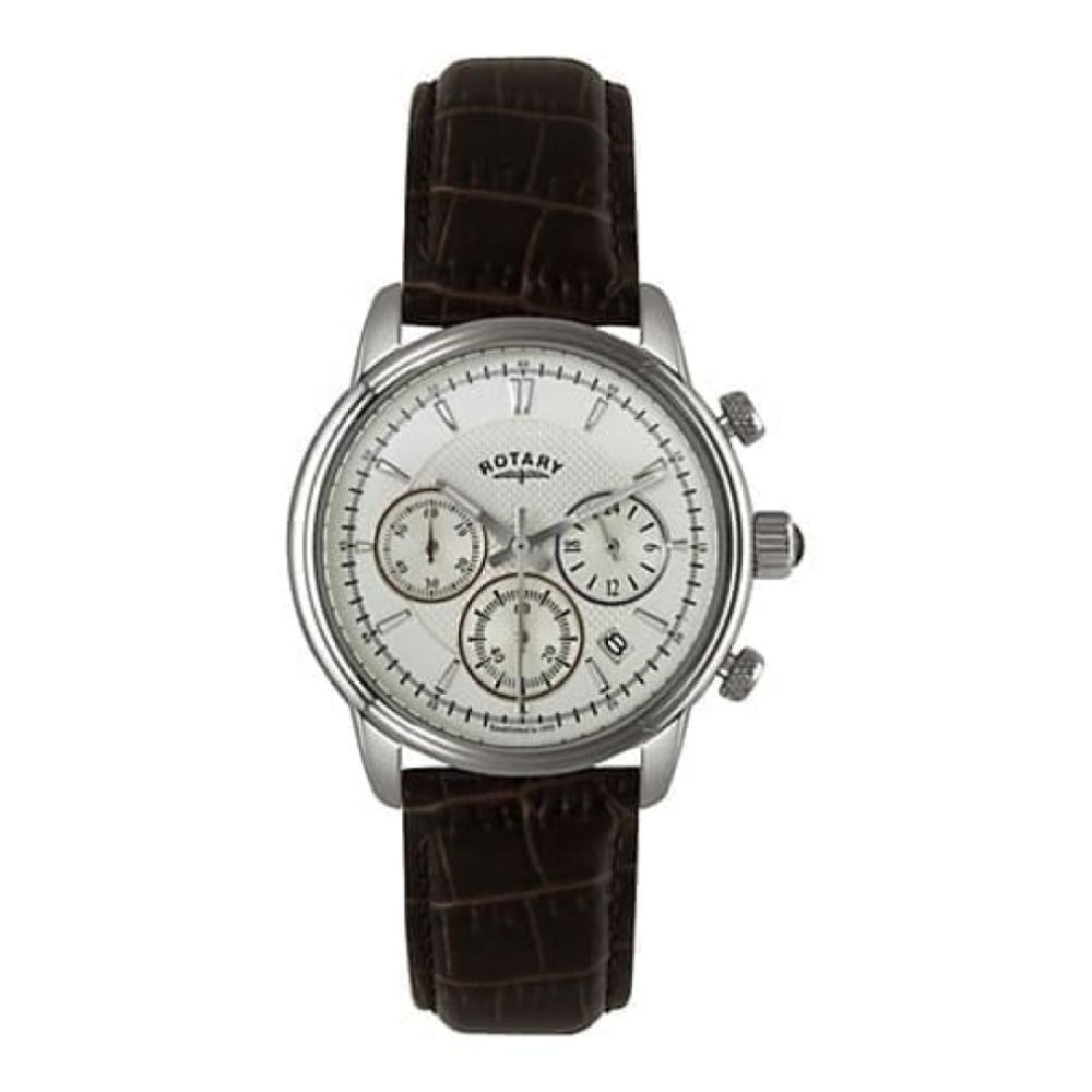 Mens Chrome Chronograph Watch With Black Leather and White Dial