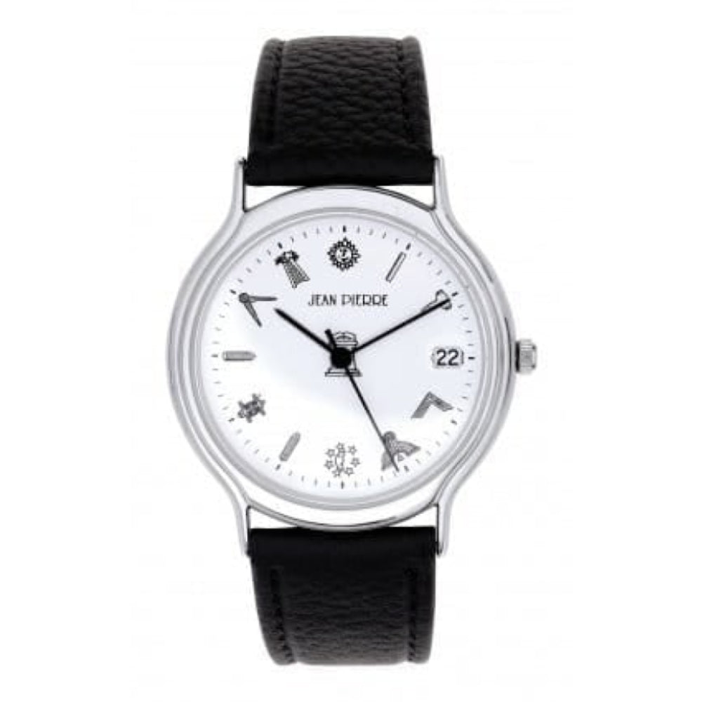 Gents Masonic Chrome Plated Black Leather Wristwatch