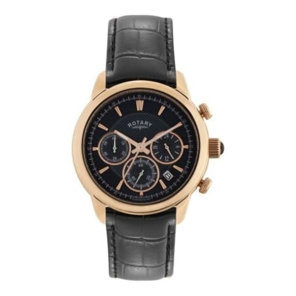 Mens Rose Gold Chronograph Watch with Black Leather and Dial