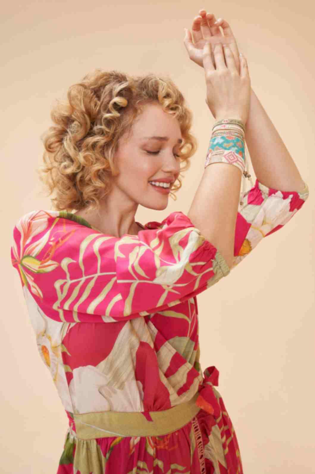 Delicate Tropical Wrap Dress - Dark Rose