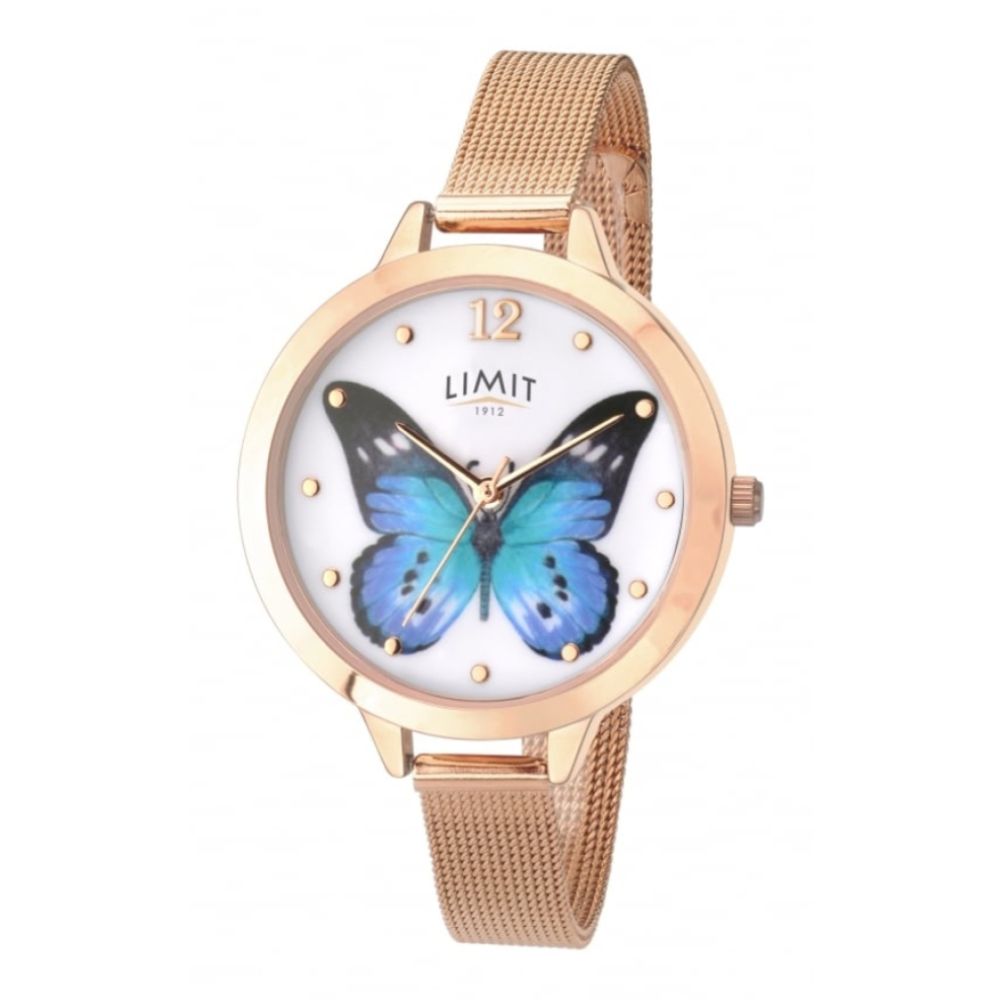 Rose Gold Tone Butterfly Print Dial & Mesh Strap Ladies Watch