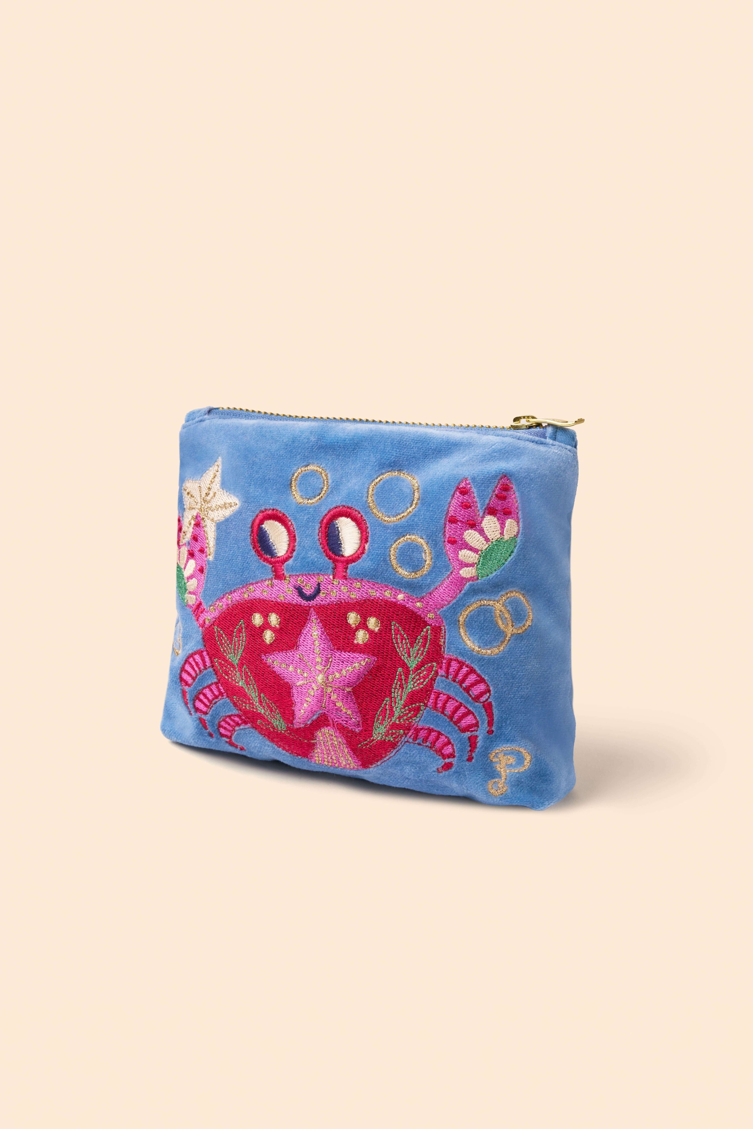 Seafaring Crab Velvet Mini Pouch - Cornflower