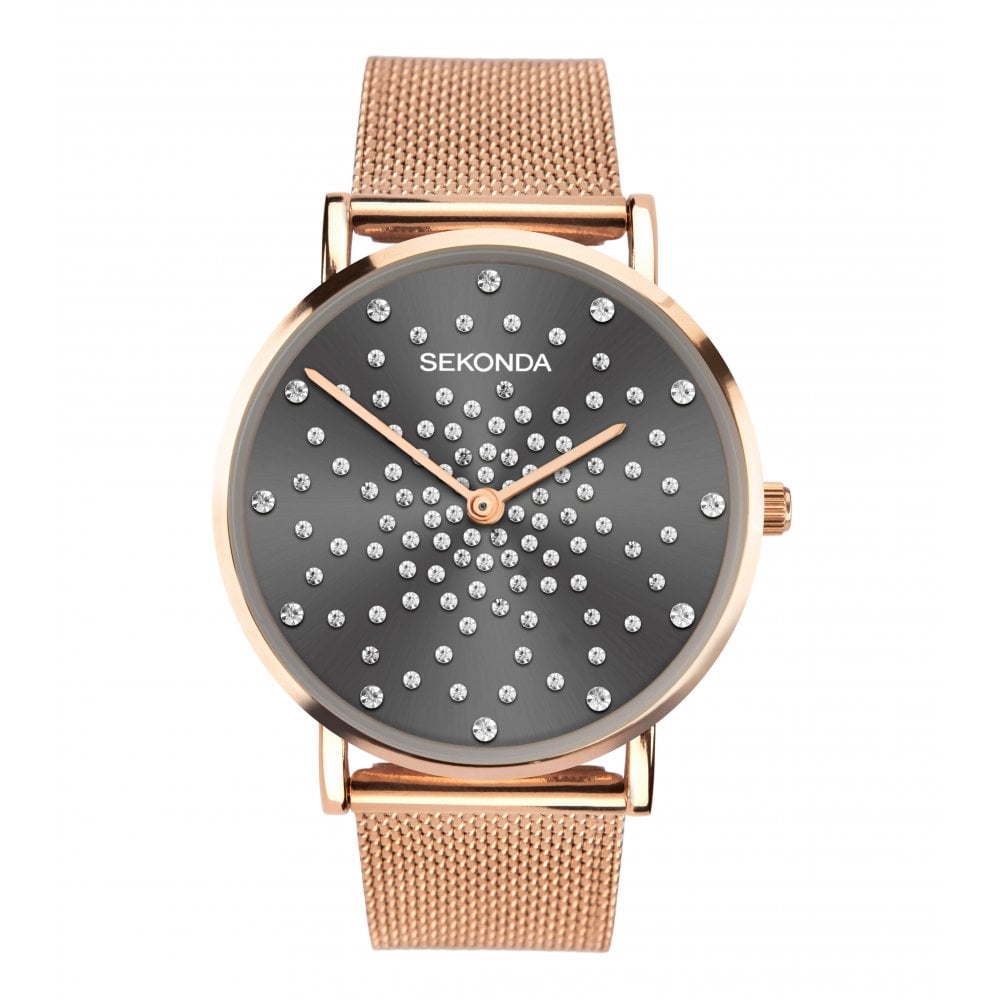 Rose Gold Plated Mesh Strap & Case With Grey Stone Set Dial Ladies Watch