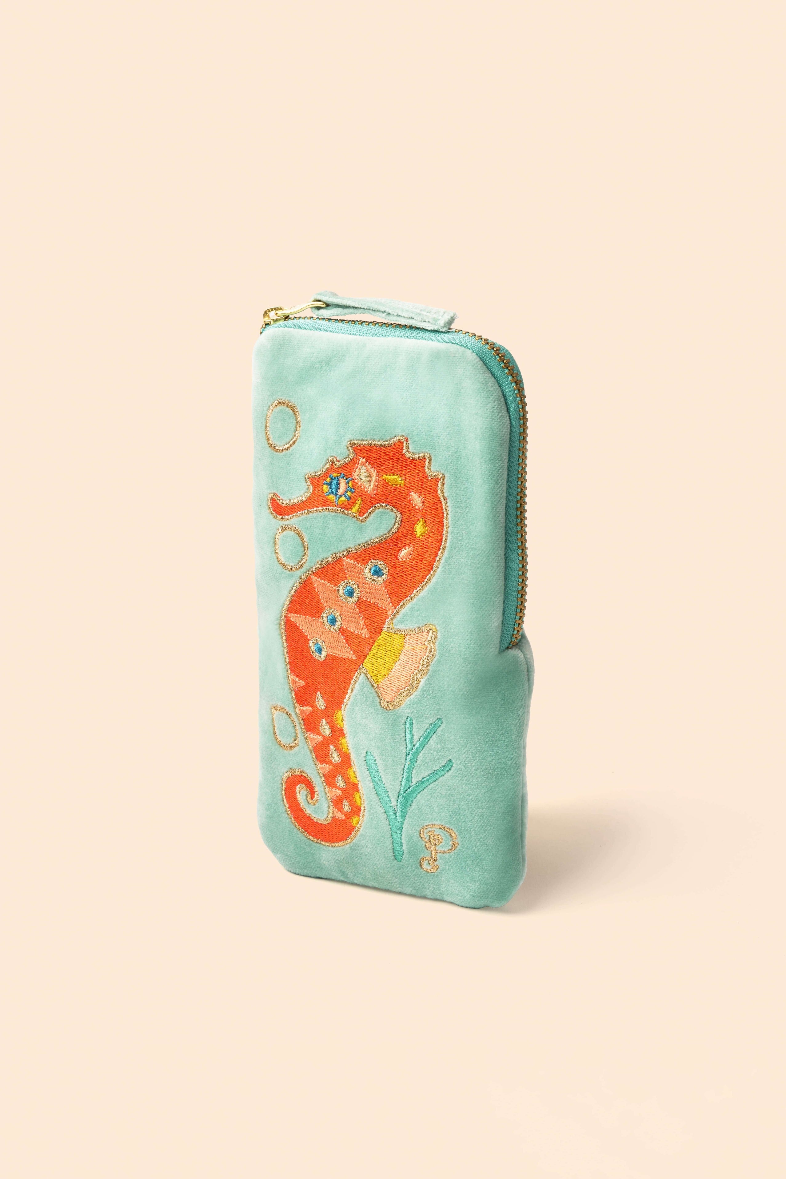 Sparkling Seahorse Velvet Sunglasses Pouch - Aqua