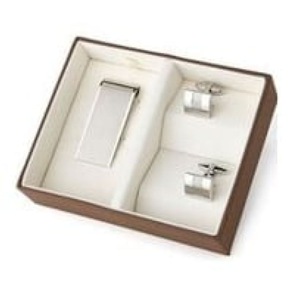 Men's Gift Set With Brass Square Cufflinks & Stainless Steel Money Clip With Vertical Line Pattern