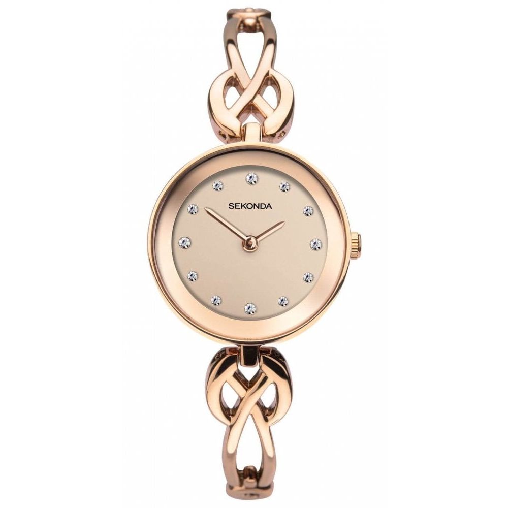 Rose Gold Plated Case & Dial With Rose Gold Plated Semi Bangle Bracelet Strap Ladies Watch