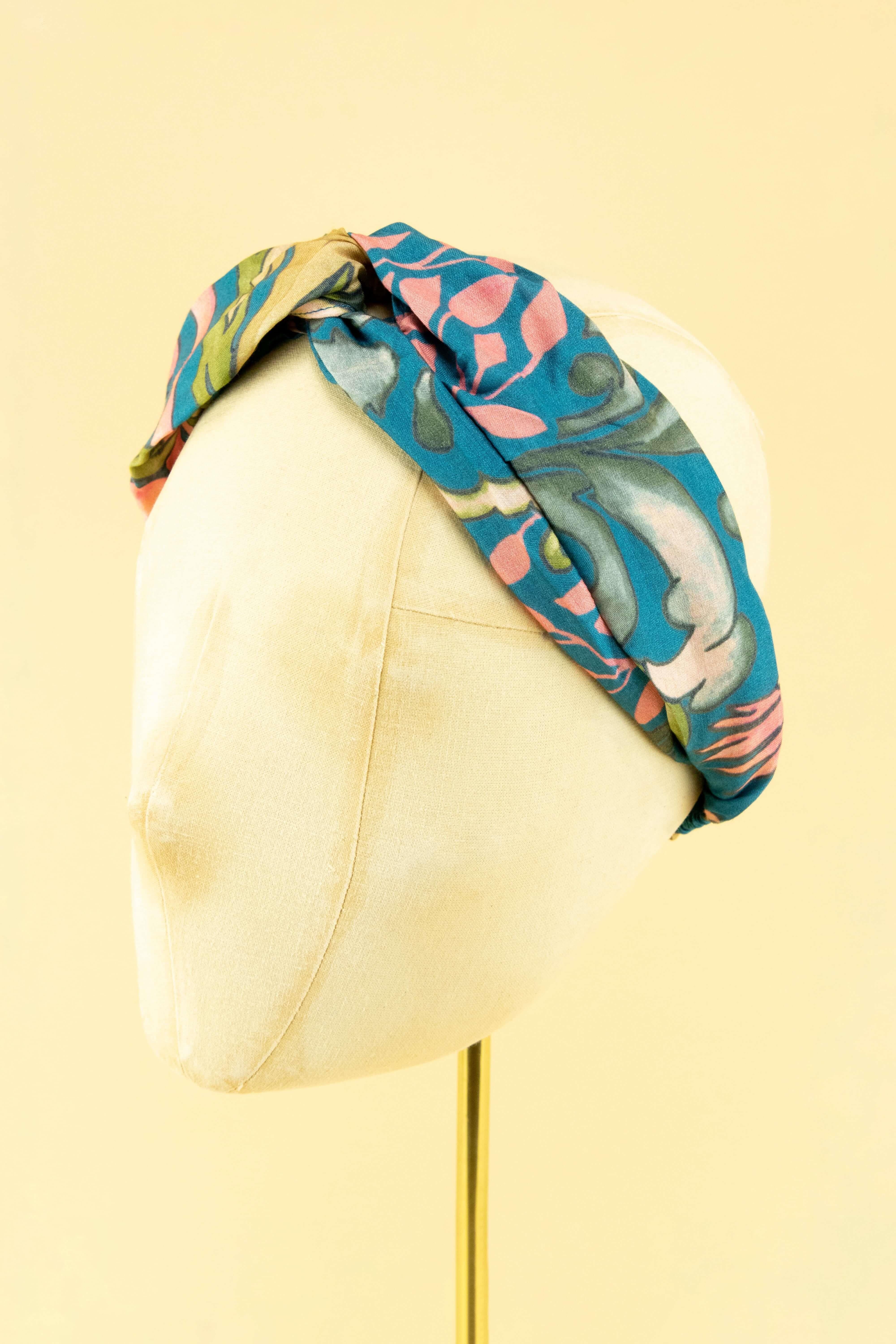 Decorative Damask Elasticated Headband - Navy