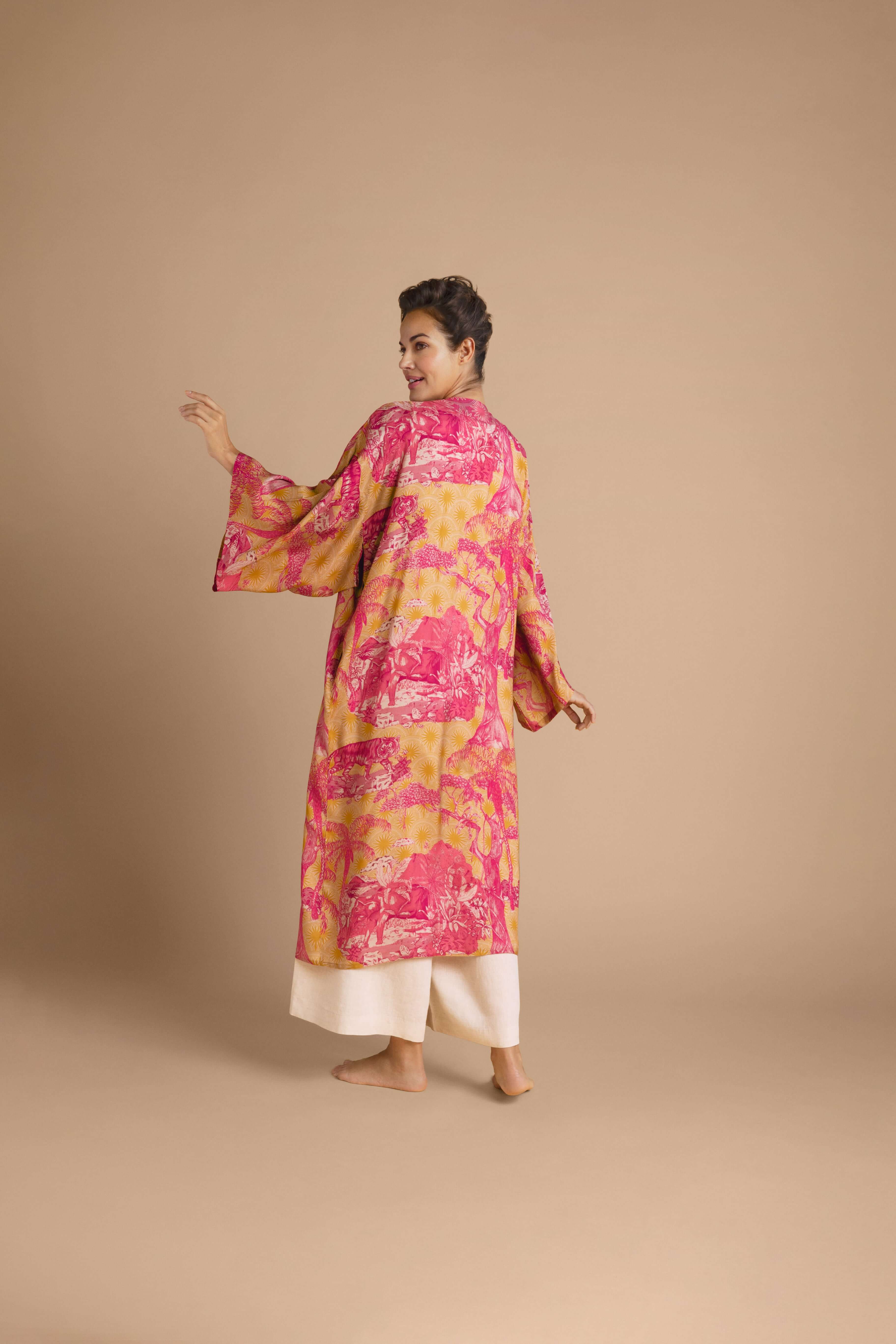 Tropical Toile Kimono Gown - Pineapple & Raspberry