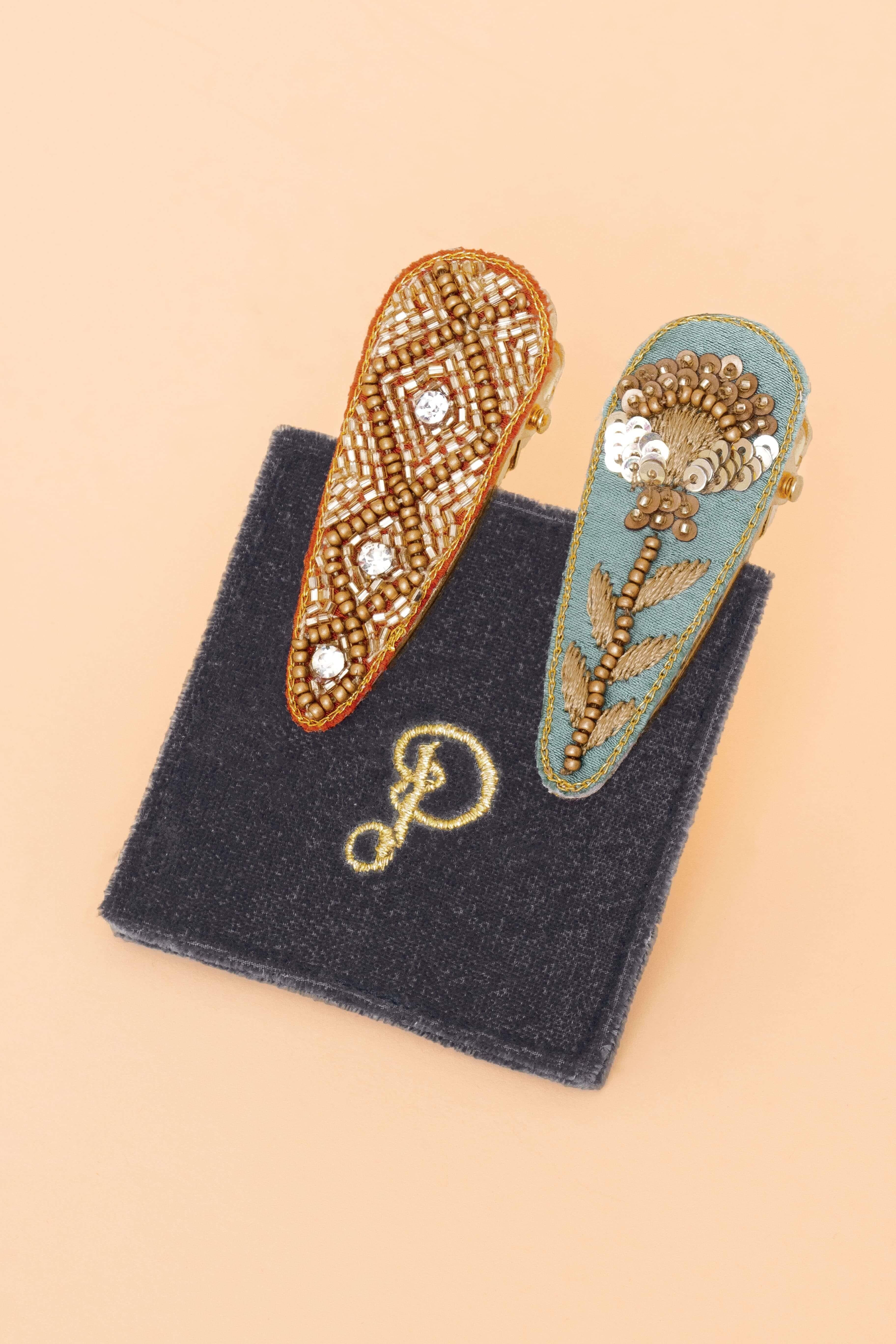 Diamonds/Floral Stem Jewelled Hair Clips - Coral/Ice
