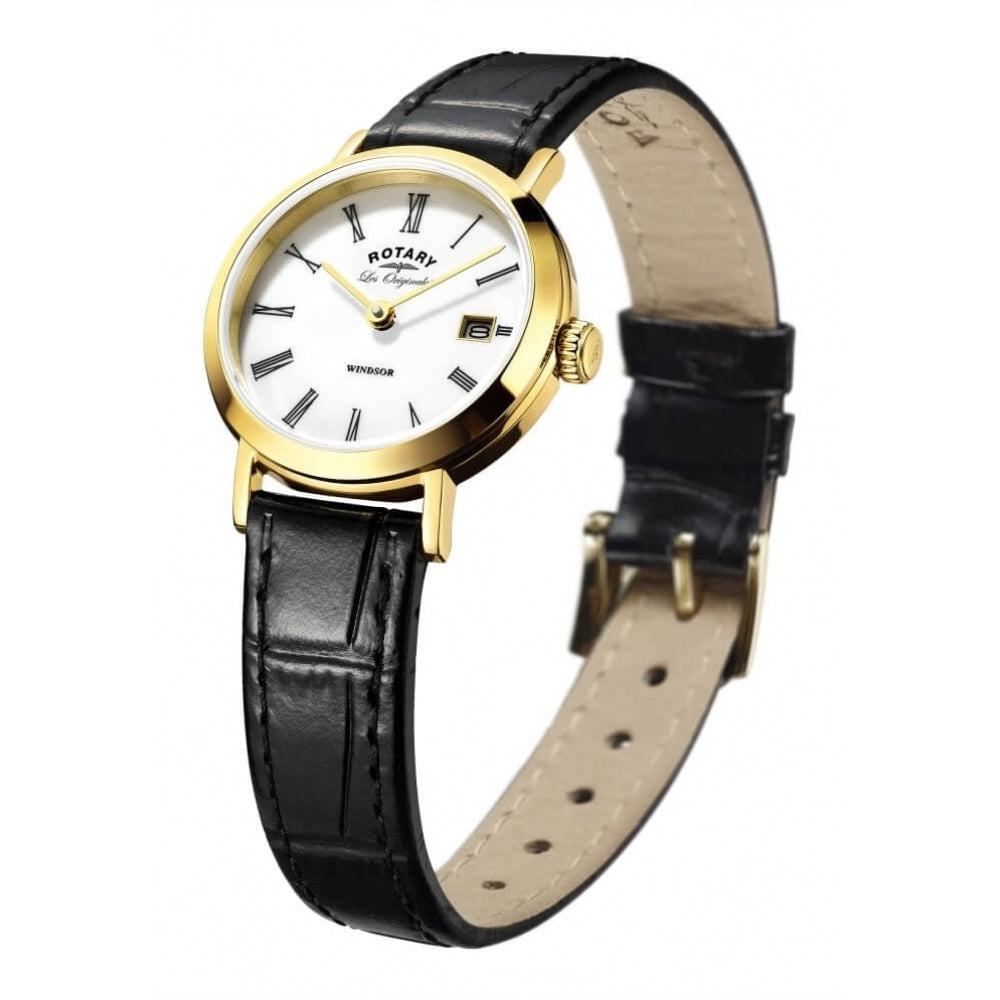 Ladies Gold Plated Black Leather Watch