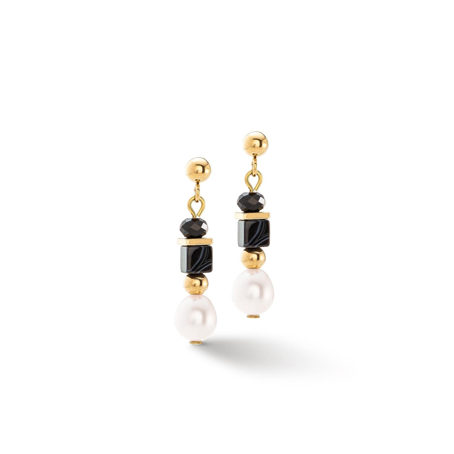 Pearls & Onyx Gold Plated Pierced Earrings