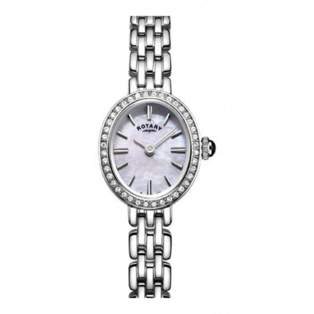 Stainless Steel Oval Dial Inlayed Stones & Bracelet Strap Ladies Wristwatch
