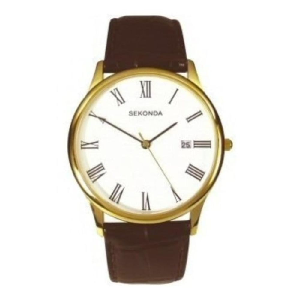 Gents Brown Croco Leather Gold Case Front Wristwatch