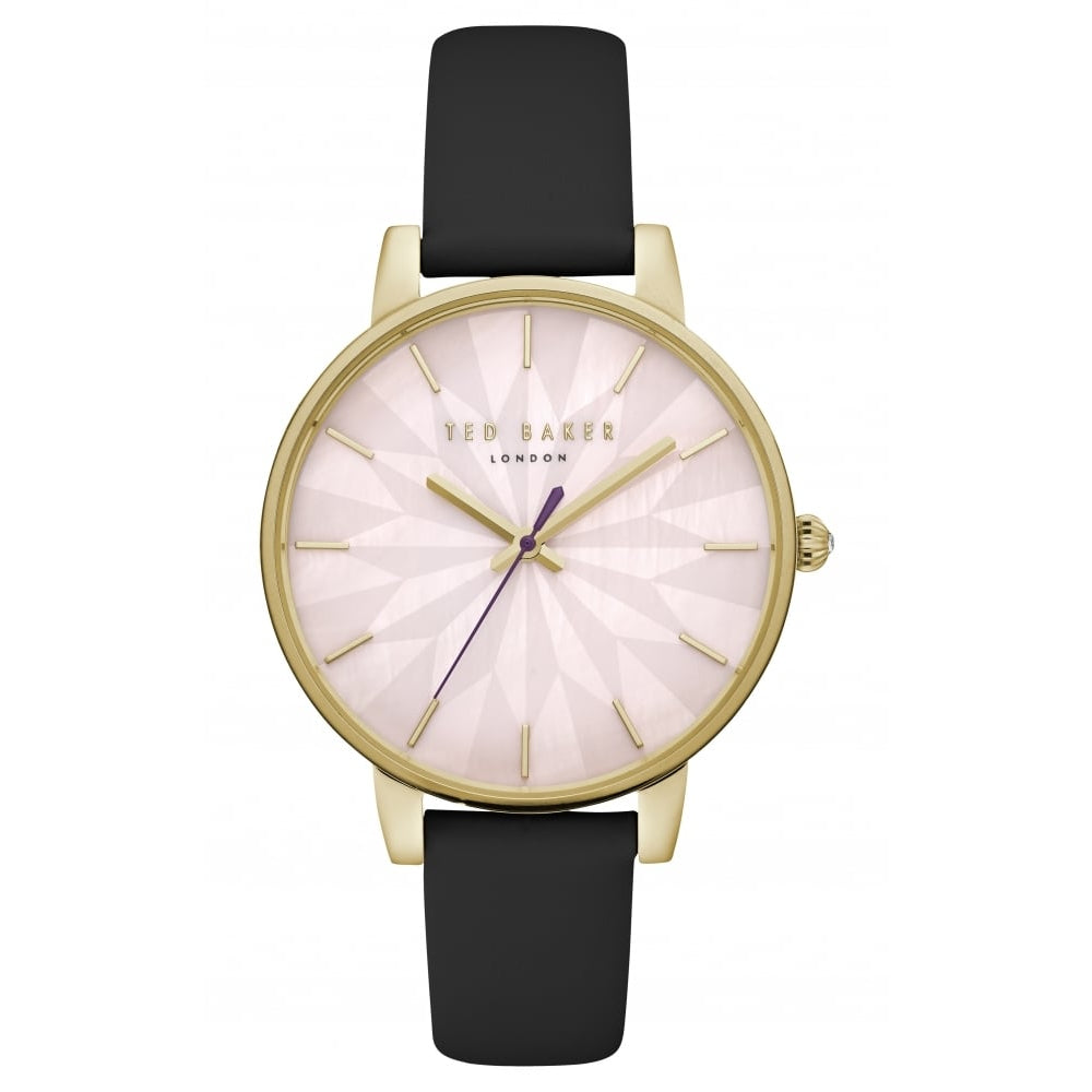 Gold Tone Case With Pink MOP dial & Black Leather Strap Ladies Watch