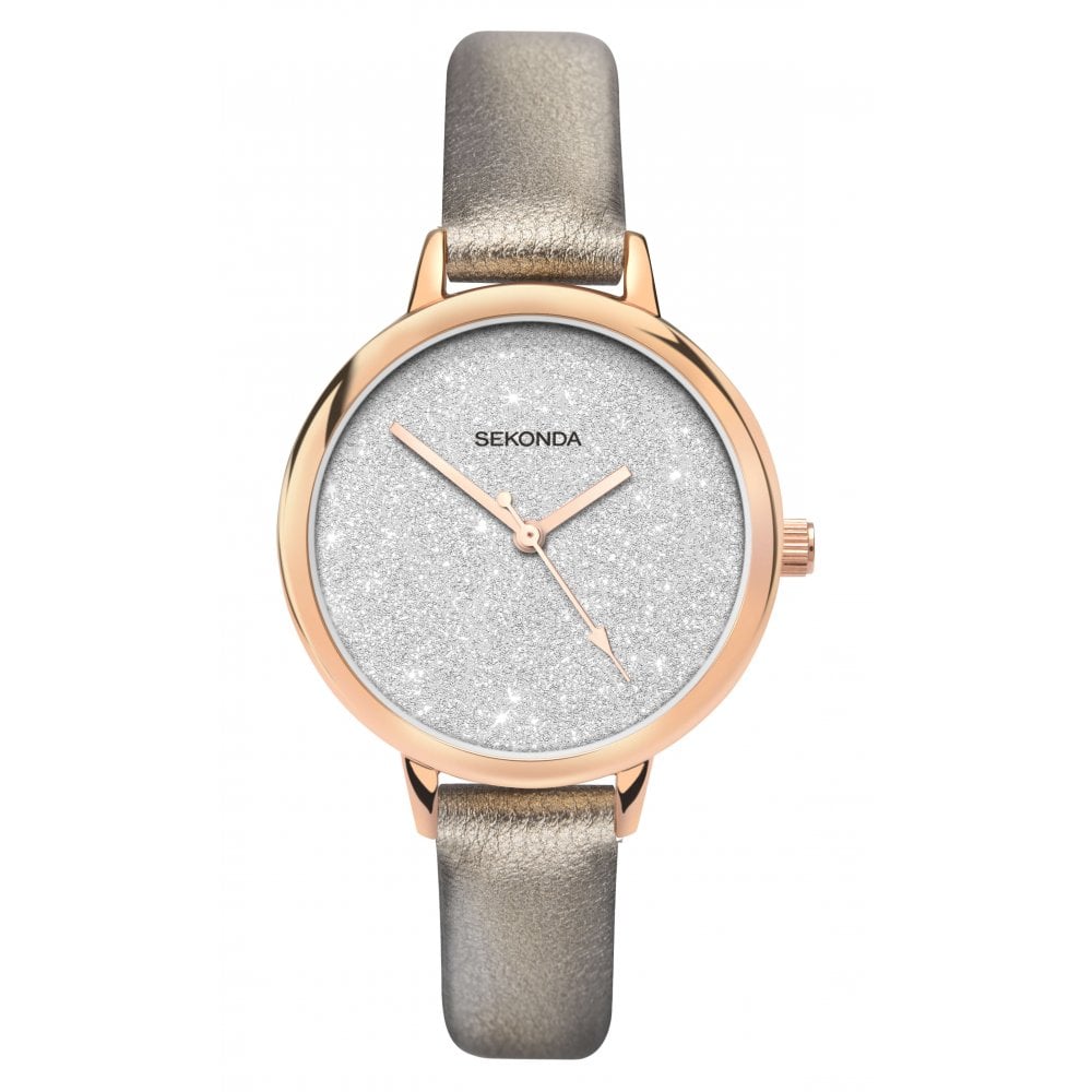 Rose Gold Plated Glitter Dial & Metallic Bronze Strap Ladies Watch
