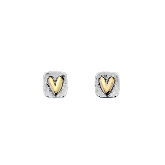 Origins Brass Heart In Hammered Rectangle Stud Earrings