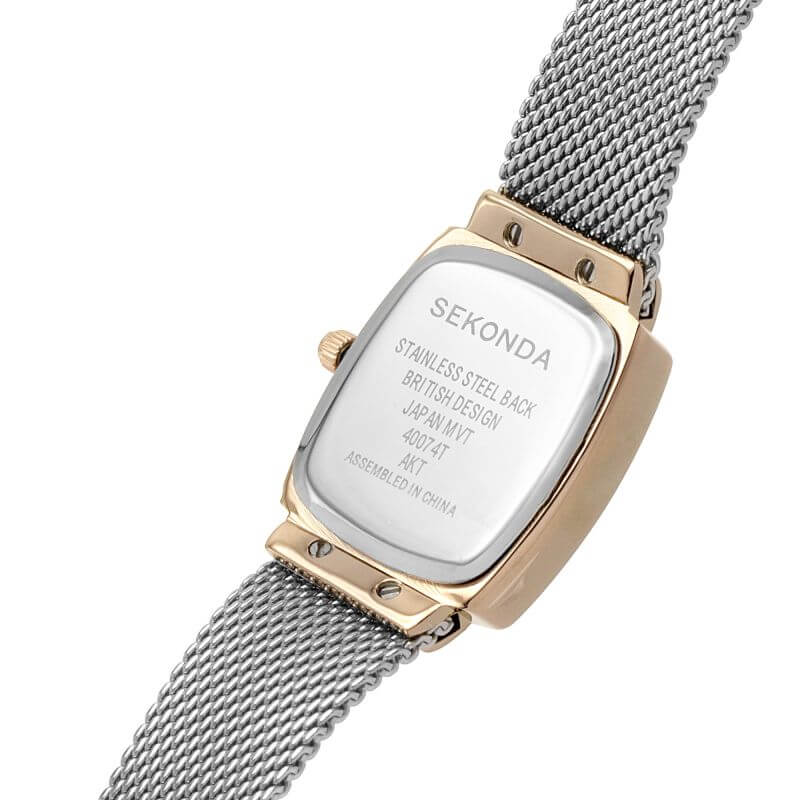 Rose Gold Plated Square White Dial & Steel Mesh Bracelet Strap Ladies Watch