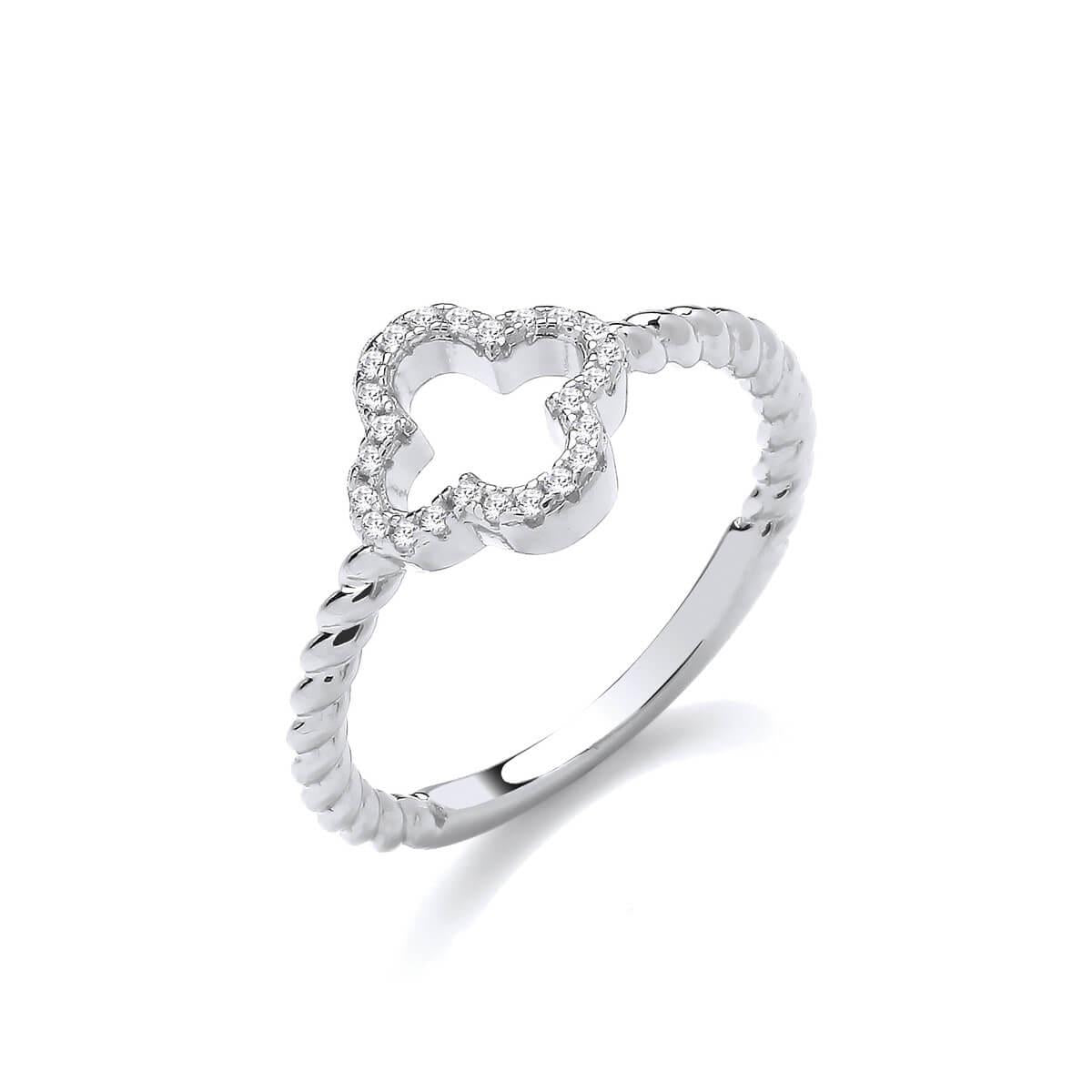 Silver & Cubic Zirconia Open Clover Ring- 8/P