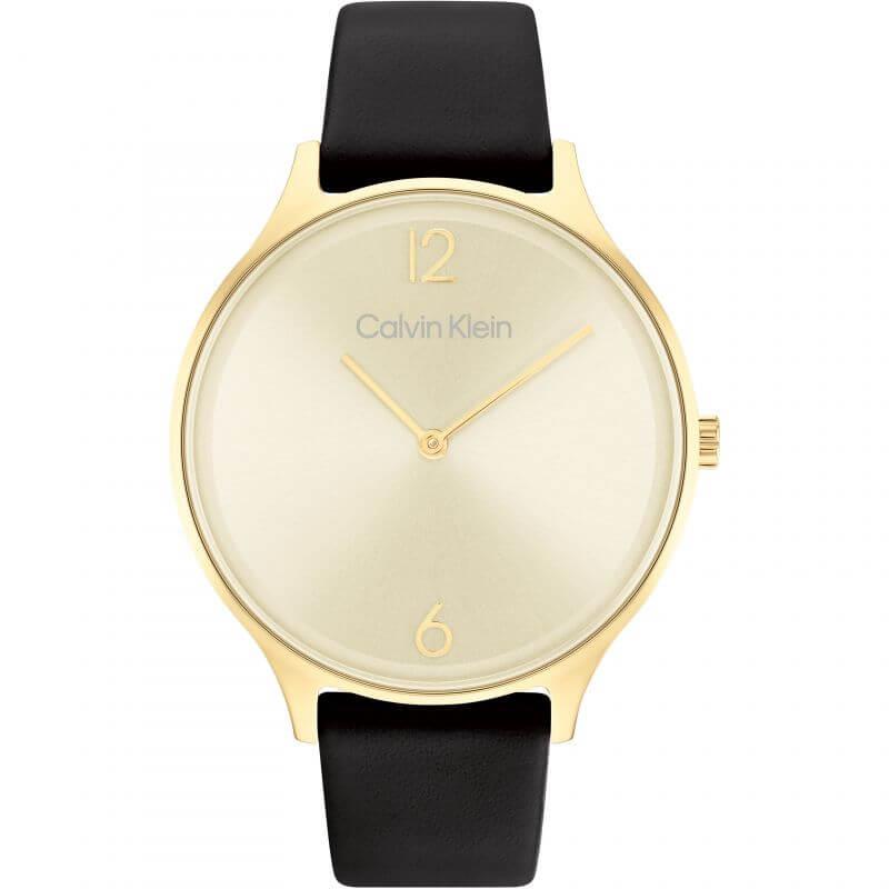 2H Gold Sunray Dial Black Leather Strap Ladies Watch