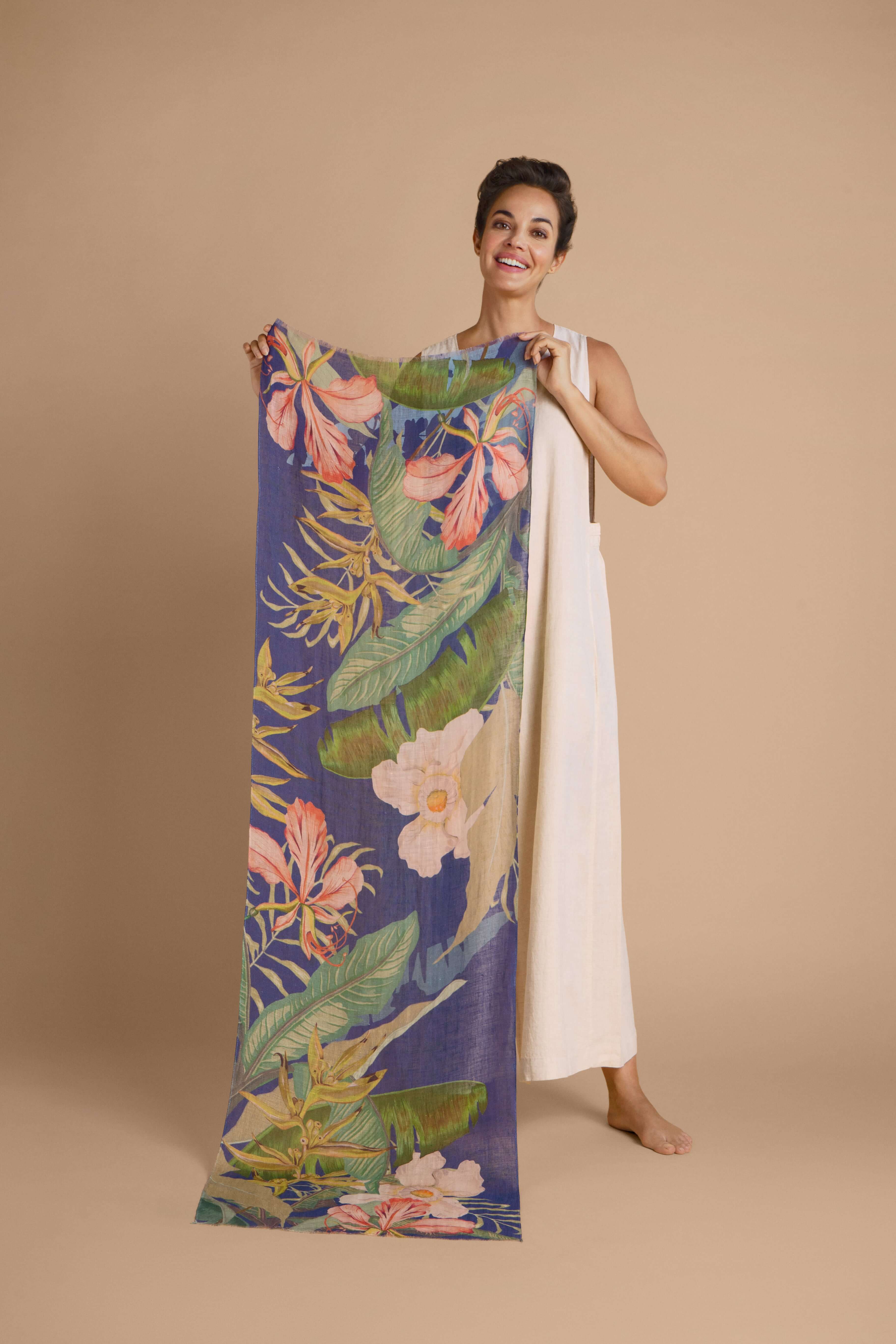 Delicate Tropics Linen Print Scarf - Indigo