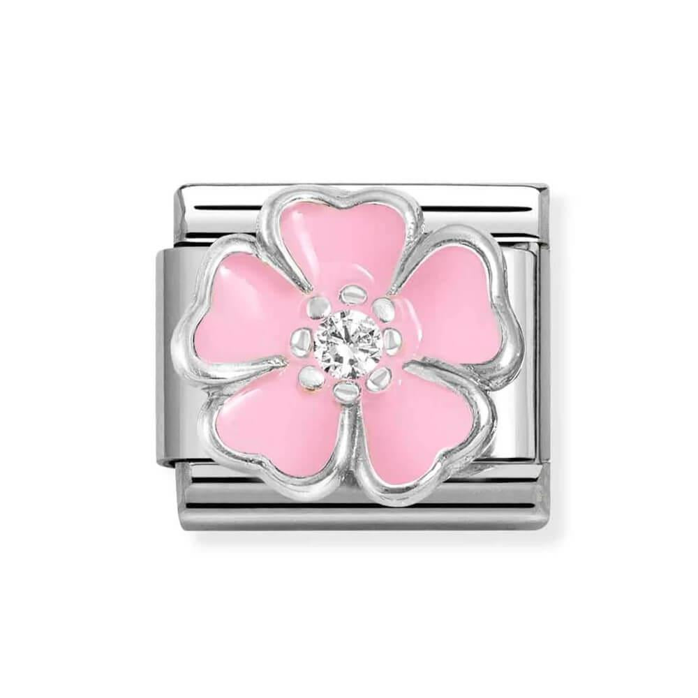 Composable Classic Steel Link With Big Pink Flower in 925 Silver With Pink Enamel & CZ