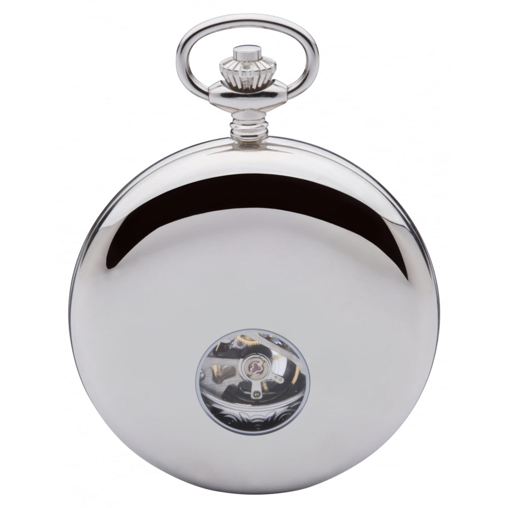 Polished Chrome Mechanical Double Half Hunter Pocket Watch With Heartbeat Window