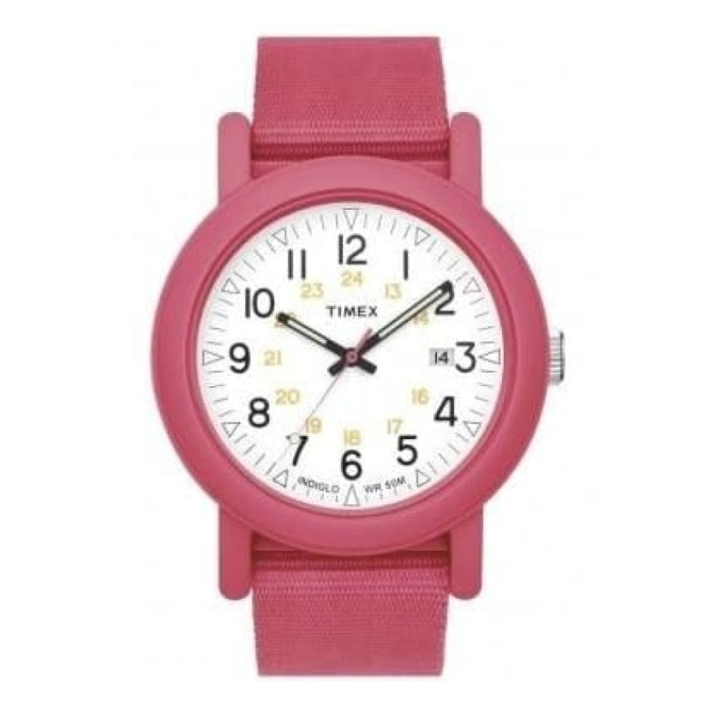 Ladies Pink Fabric White Dial Strap Watch