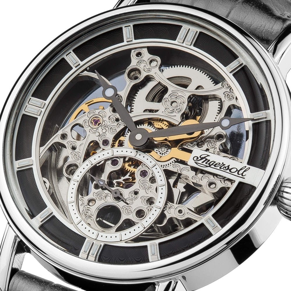Mens The Herald Automatic Watch with Skeleton Dial and Grey Leather Strap