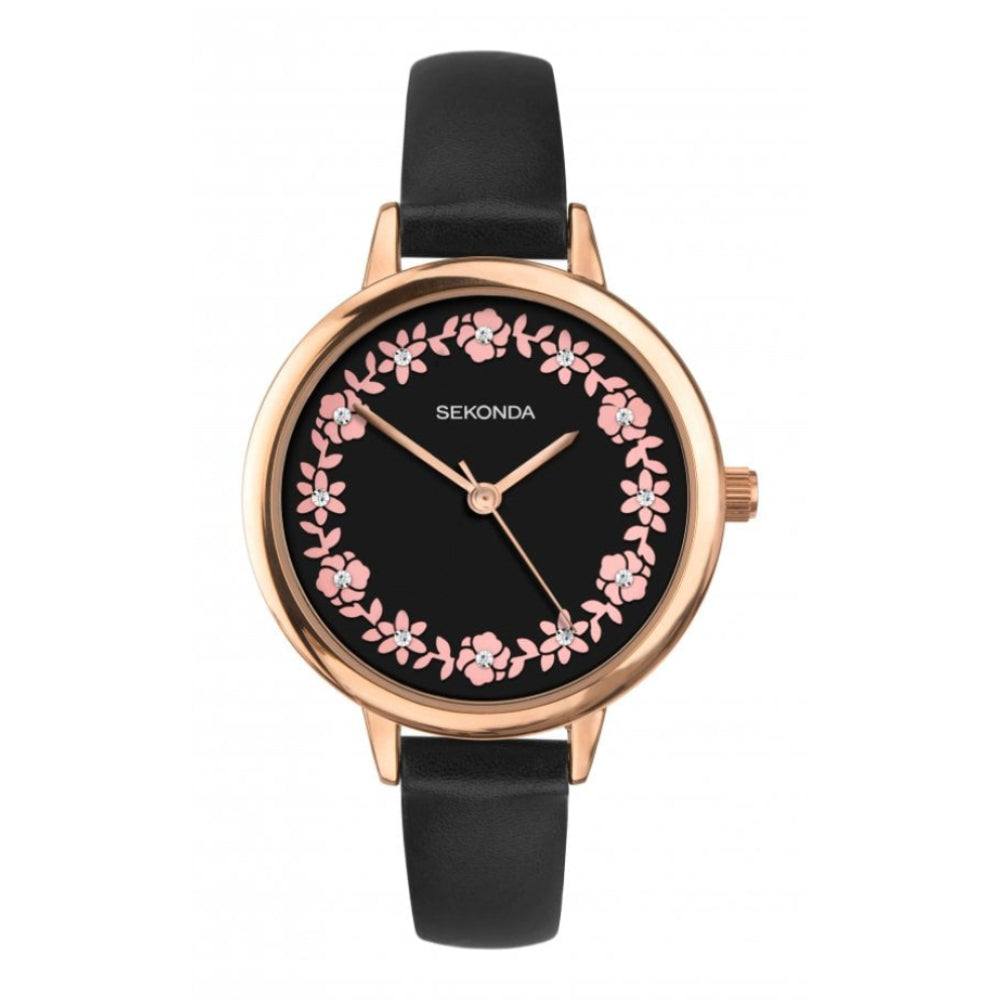 Rose Gold Plated Case With Black Stone Set Dial & Black PU Strap Ladies Watch
