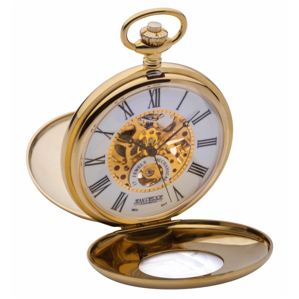 Gold Plated Mechanical Double Half Hunter Pocket Watch With Heartbeat Window