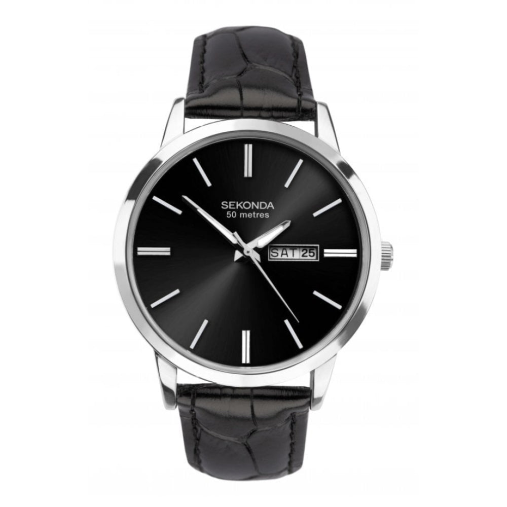 Stainless Steel Case With Black Day-Date Display Dial & Black Leather Strap Gents Watch