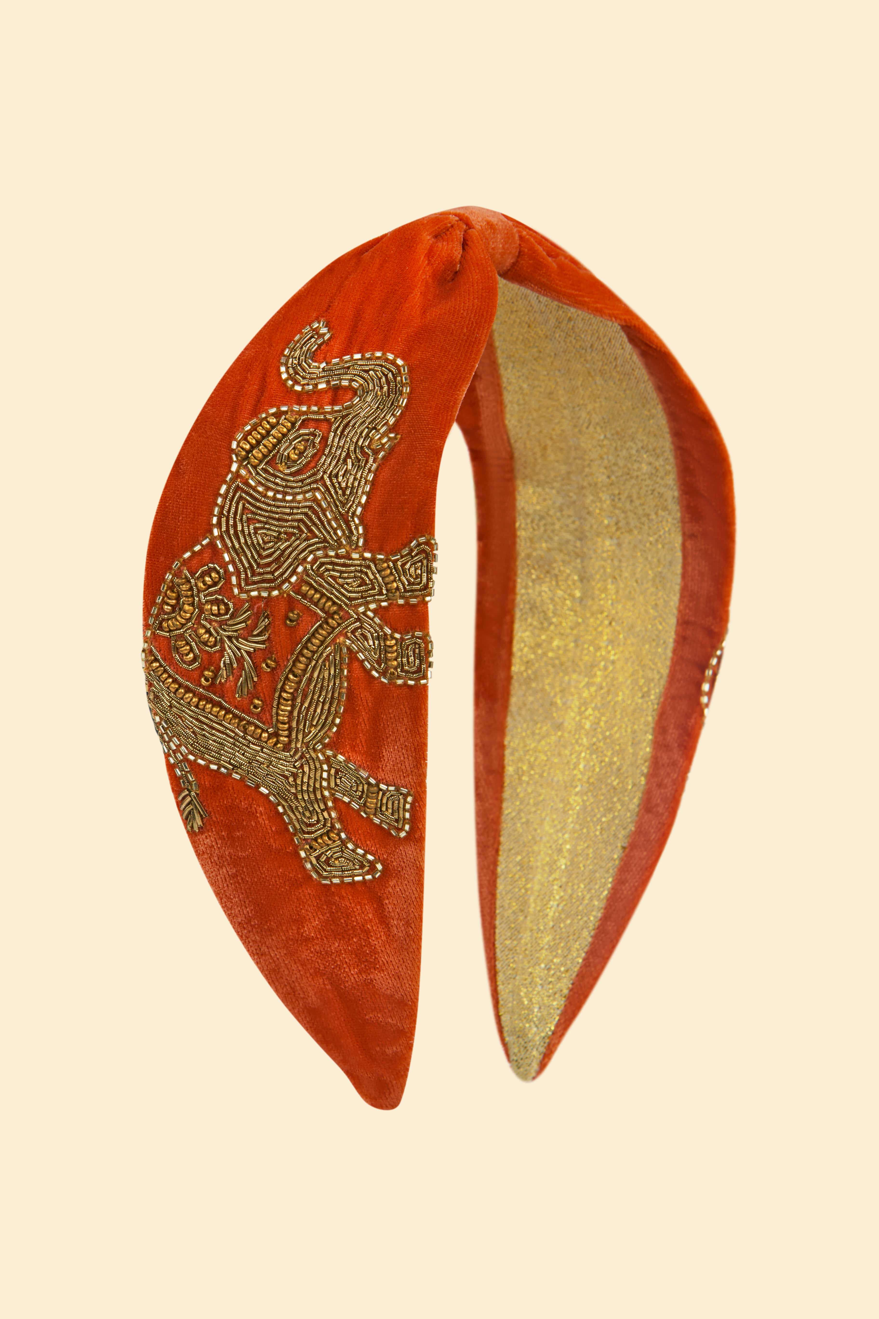 Beaded Elephant Velvet Headband - Terracotta