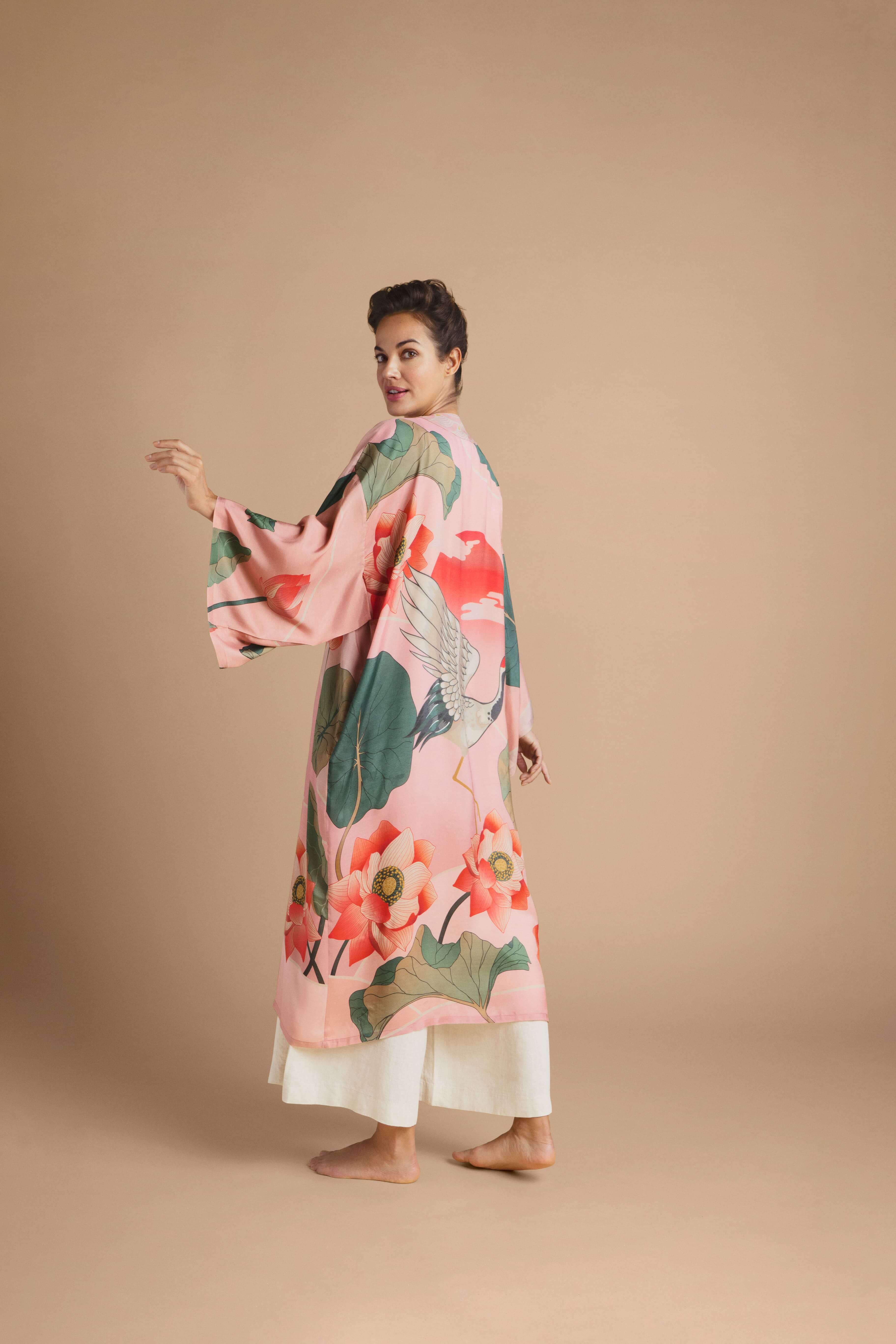 Crane at Sunrise Kimono Gown - Petal