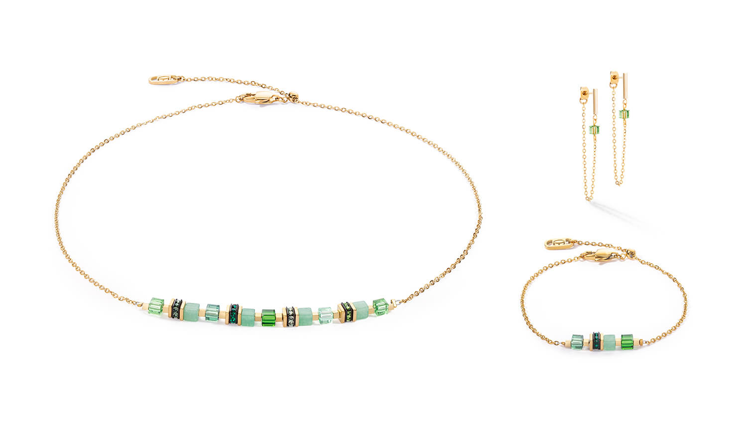 Mini Cubes & Chain Earrings In Rose Gold-Green