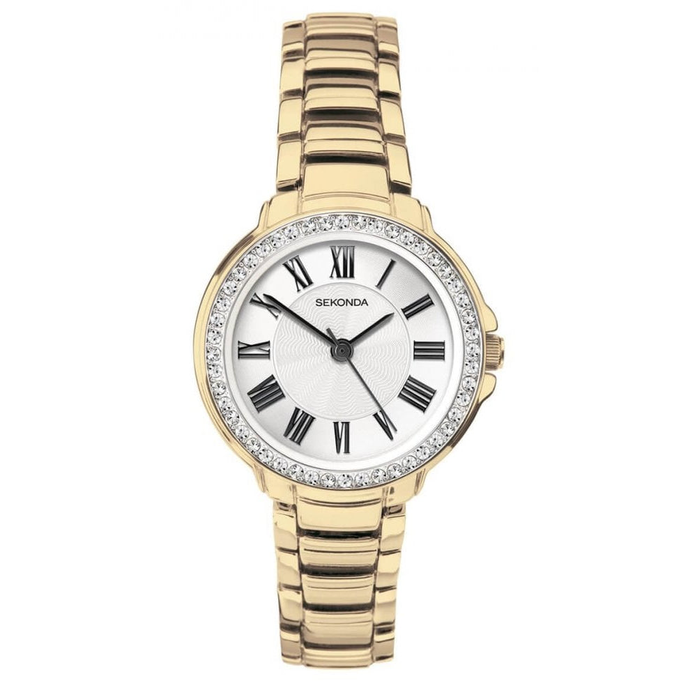 Gold Plated Bracelet Strap & Clear Stone Set Case With White Dial Ladies Watch