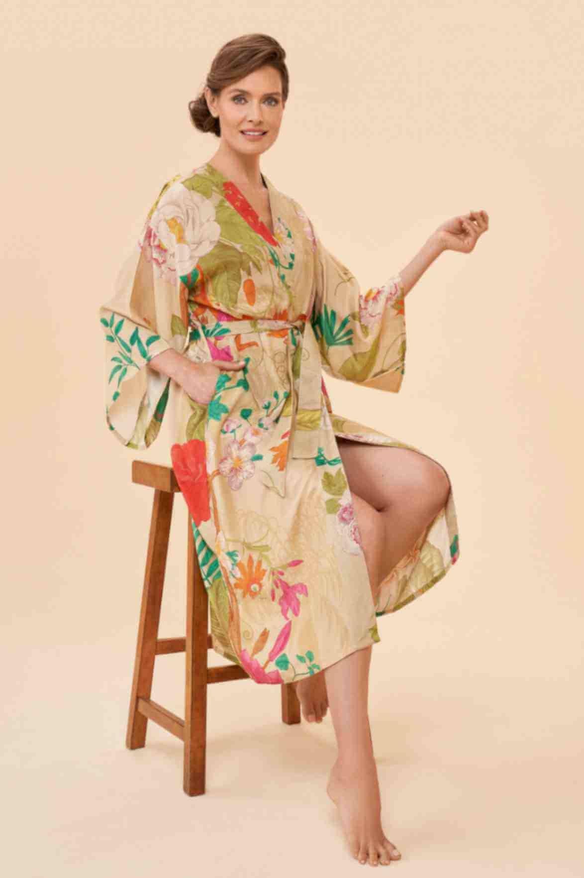 Tropical Flora and Fauna Kimono Gown - Coconut