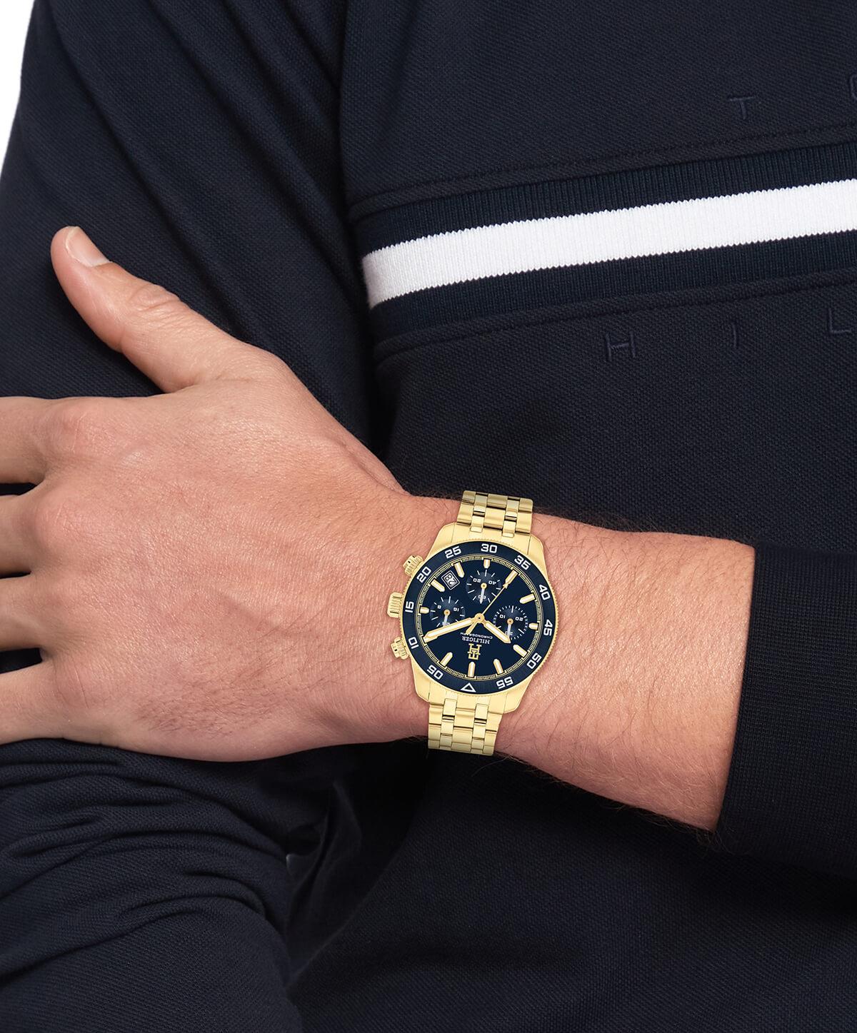 Blue Chronograph Dial Gold Plated Men's Bracelet Watch