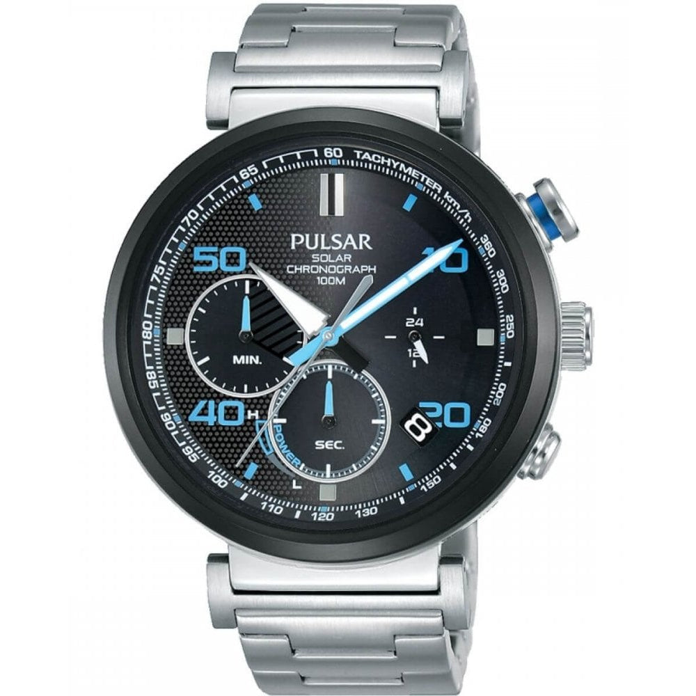 Black Chronograph Dial With Steel Case & Steel Bracelet Strap, Solar Powered Gents Watch