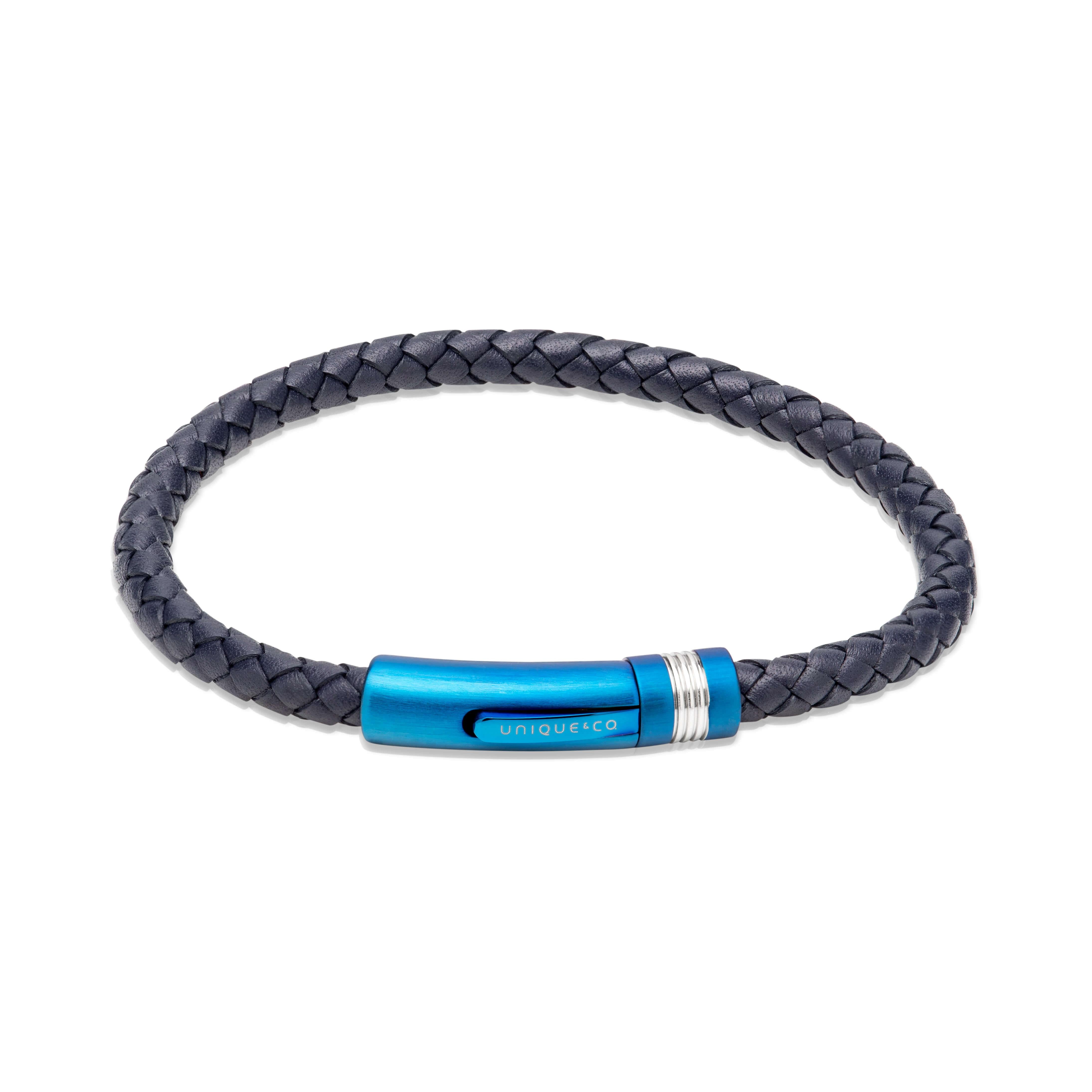 Navy Leather Bracelet - Steel Clasp with Blue IP